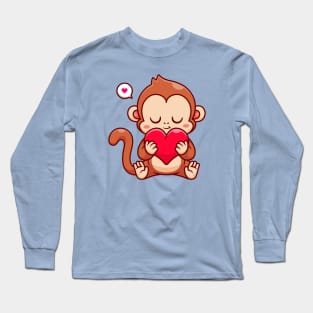 Cute Monkey Holding Love Heart Cartoon Long Sleeve T-Shirt